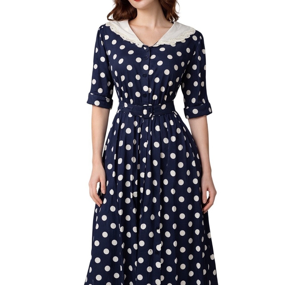 Vintage Just Maggie Polka Dot Dress Navy Sailor Collar Belted Rayon Midi Size 7
